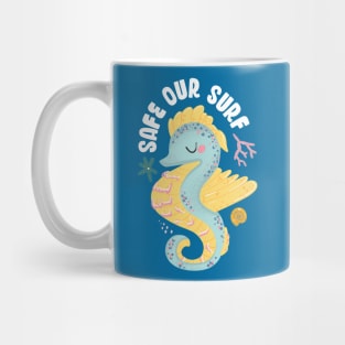 Safe our Surf quote with cute sea animal sea horse, starfish, coral and shell Mug